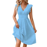 Vestido de Encaje Cuello V Mujer Dama Primavera Verano Fresco Playa Casual Formal