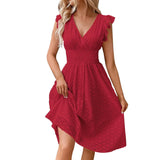 Vestido de Encaje Cuello V Mujer Dama Primavera Verano Fresco Playa Casual Formal