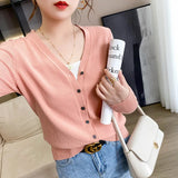Primavera Otoño Mujer Cardigan Suelto Cuello en V Rojo Rosa Sweater Fashion Jumper Tejido