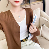 Primavera Otoño Mujer Cardigan Suelto Cuello en V Rojo Rosa Sweater Fashion Jumper Tejido