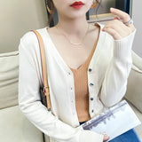 Primavera Otoño Mujer Cardigan Suelto Cuello en V Rojo Rosa Sweater Fashion Jumper Tejido