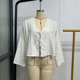 Camisa Corta Manga Larga con Cintas Primavera Verano Fresca Playa Mujer