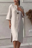 Vestido Elegante con Botones Mujer Verano Algodon Lino Casual Simple
