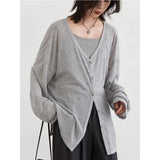Cardigan Mujer Holgado Gris Tejido Abrigo Manga Larga Otoño Invierno