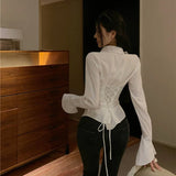 Camisa Blusa Corset Elegante Mujer Formal Casual Blanco Negro Manga Larga con Puños