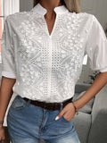 Blusa de encaje con bordado Floral para mujer. Camisa con cuello levantado y cuello en V. Tops elegantes de algodón de manga corta.
