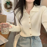 Camisa Tejida Abrigada Otoño Invierno Manga Larga Cardigan Cuello V Neck Chic