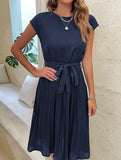 Vestido elegante de cuello redondo para mujer. Vestido manga corta plisado.