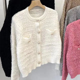 Cardigan Mujer Estilo Coreano Rosa Cuello Redondo Botones Tejido Manga Larga
