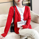 Primavera Otoño Mujer Cardigan Suelto Cuello en V Rojo Rosa Sweater Fashion Jumper Tejido