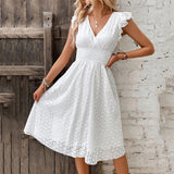 Vestido de Encaje Cuello V Mujer Dama Primavera Verano Fresco Playa Casual Formal