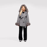 Chaqueta Faux Fur Pelo Sintetico Abrigo Mujer Dama Otoño Invierno Elegante Formal Urbano Gris Capucha Hoodie