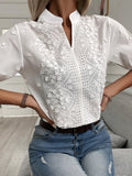 Blusa de encaje con bordado Floral para mujer. Camisa con cuello levantado y cuello en V. Tops elegantes de algodón de manga corta.