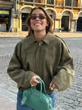 Chaqueta Faux Gamuza Mujer con Tiras Hombro Stylish Verde Oliva