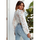 Blusa de encaje de manga larga para mujer. Tops informales de ganchillo blanco.