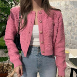 Cardigan Mujer Estilo Coreano Rosa Cuello Redondo Botones Tejido Manga Larga