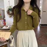 Camisa Tejida Abrigada Otoño Invierno Manga Larga Cardigan Cuello V Neck Chic