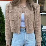 Cardigan Mujer Estilo Coreano Rosa Cuello Redondo Botones Tejido Manga Larga