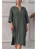 Vestido Elegante con Botones Mujer Verano Algodon Lino Casual Simple