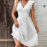 Vestido de Encaje Cuello V Mujer Dama Primavera Verano Fresco Playa Casual Formal