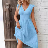 Vestido de Encaje Cuello V Mujer Dama Primavera Verano Fresco Playa Casual Formal