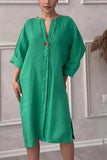 Vestido Elegante con Botones Mujer Verano Algodon Lino Casual Simple