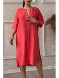 Vestido Elegante con Botones Mujer Verano Algodon Lino Casual Simple