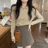 Camisa Tejida Abrigada Otoño Invierno Manga Larga Cardigan Cuello V Neck Chic