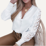 Camisa Blusa Mujer con Encaje en Mangas Suelta Casual Oficina Elegante Fashion