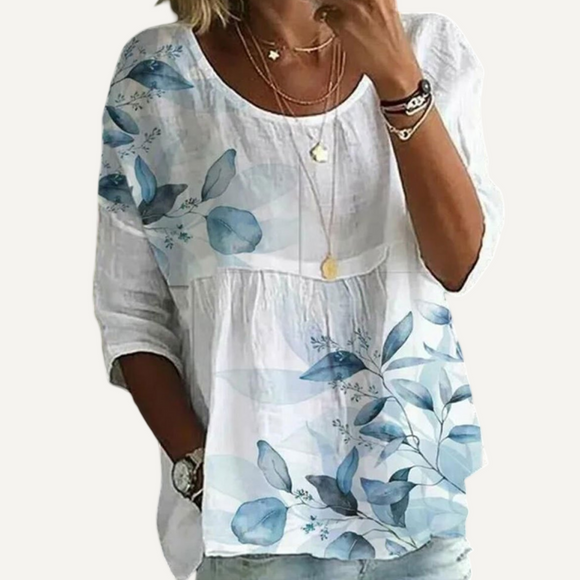 Camisa estampada suelta para mujer. Blusa de cuello redondo.