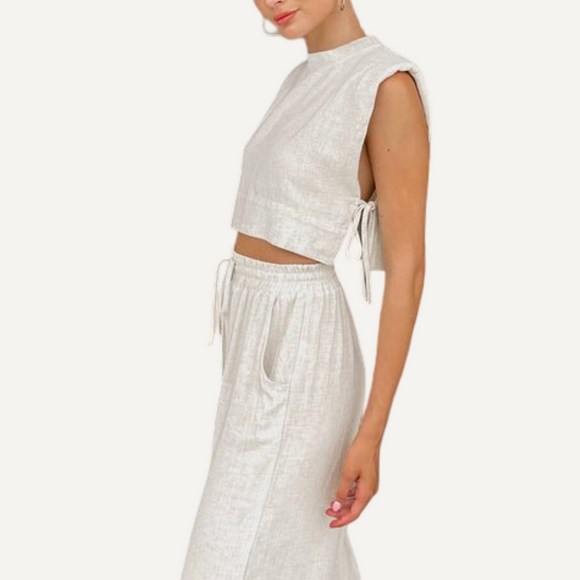 Conjuntos de lino para mujer, 2 piezas. Tops cortos. Pantalones largos sueltos con cintura elástica.