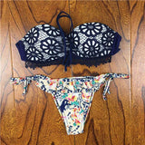 2018 Verano Floral Mujer Bikini Crochet Lace Push Bikinis Up Biquinis Traje de Baño