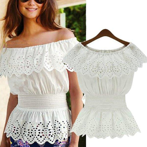 2018 Verano Mujer Primavera Blusa Sexy Sin Hombro Crochet Top Camiseta Elegante