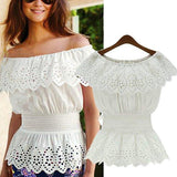 2018 Verano Mujer Primavera Blusa Sexy Sin Hombro Crochet Top Camiseta Elegante