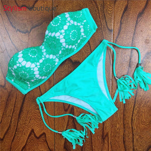 2018 Verano Floral Mujer Bikini Crochet Lace Push Bikinis Up Biquinis Traje de Baño